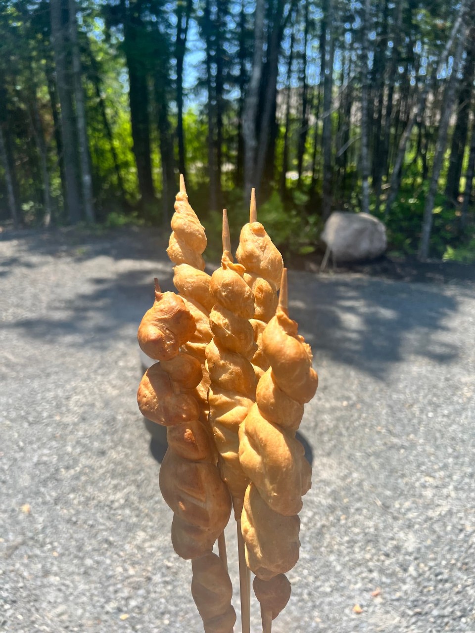 Cooked bannock in an open outdoor area